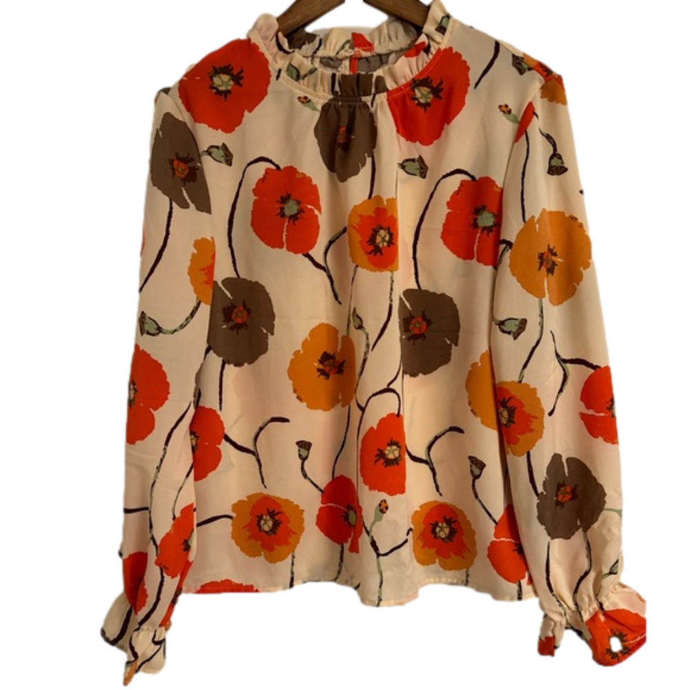 SHEIN Women’s Floral Ruffled High Collar Long Sleeve Blouse Size Large